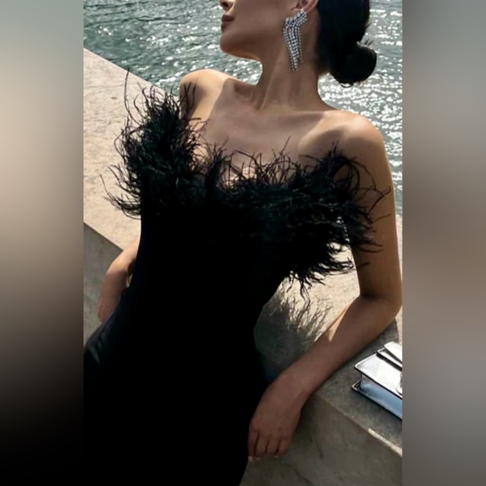 Tiffany Elegant Strapless Feather Formal Gown Cocktail Bandage Long Dress - Picture 2 of 14